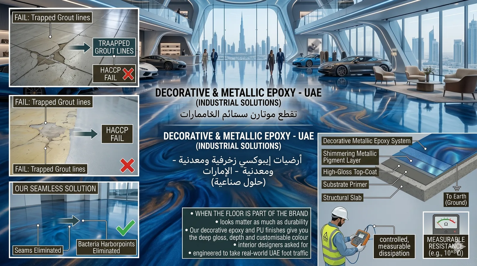 Metallic decorative epoxy floor in a Dubai showroom